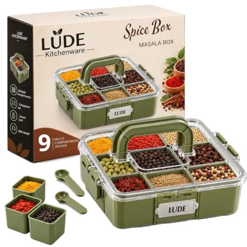 Premium Masala Box|9 Compartment Spice Box Container |Airtight Dabba(Green)