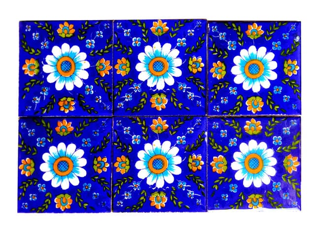 SHIV KRIPA Blue Pottery Home Decorative Jaipur Ceramics Mosaic Wall Tiles, High Lighter Tiles 3 x 3 Inch 6 Set of Tiles