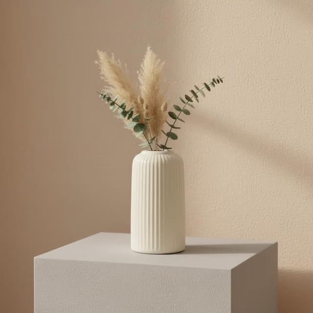 Beyond Homes Ceramic Flower Vase for Living Room, Off-White Ribbed Decorative Vase for Home Decor