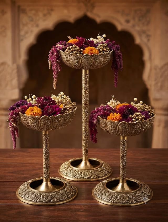 Raza handicrafts Golden Decorative Flower Urli Bowl Set with Raised Stand – Handcrafted Floral Water Bowl for Floating