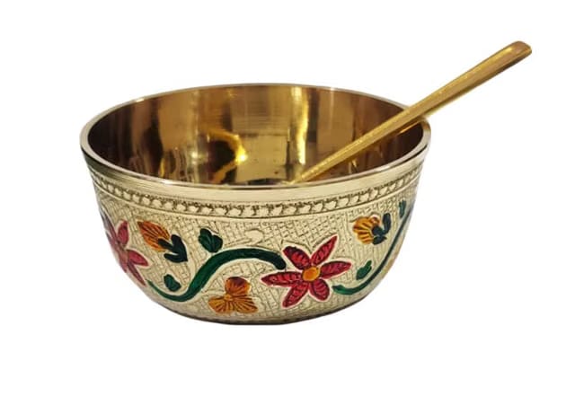 Akriti Brass Peetal Heavy Meena Color Katori with Spoon Dessert Bowl for Sweets