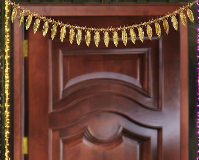 Simple Elegant Golden Pearl and Leaves Door Hanging Toran Bandhanwar for Diwali Decoration, 3 Ft Long, 3 Cm Wide