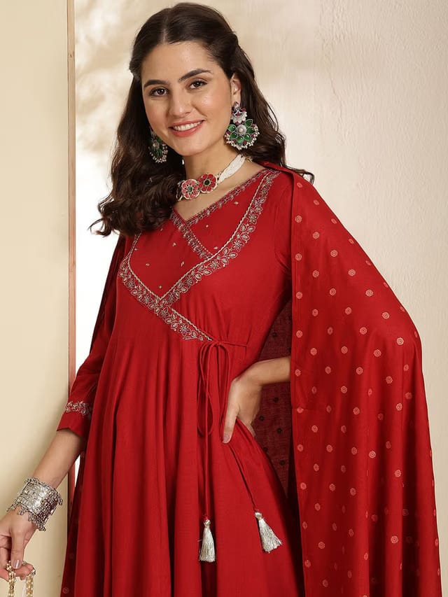 Embroidered V-Neck Anarkali Kurta With Trouser & Dupatta