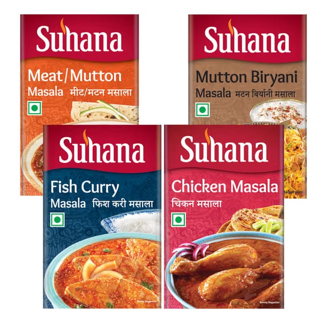 Suhana Fish Curry Masala, Mutton (Meat) Masala, Mutton Biryani Masala, Chicken Masala - Combo of 4