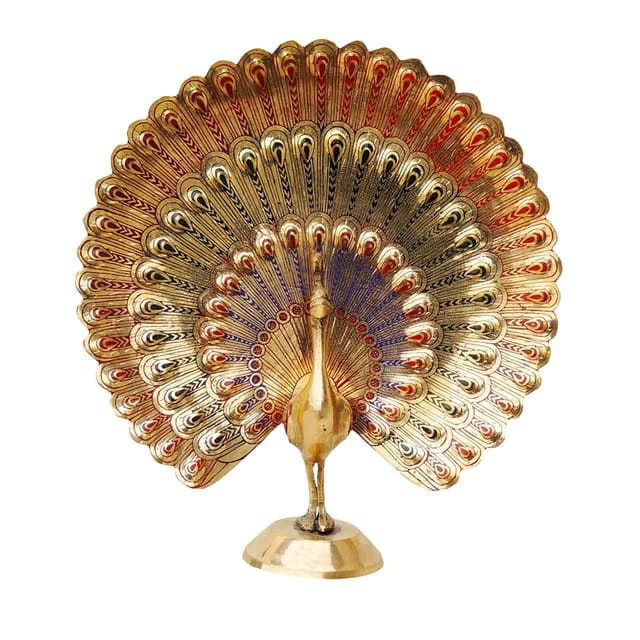 SkyWalker Handcrafted Brass Peacock Showpiece Dancing Peacock Figurine Home Decor Statue Sculpture -14 cm (Multicolor)