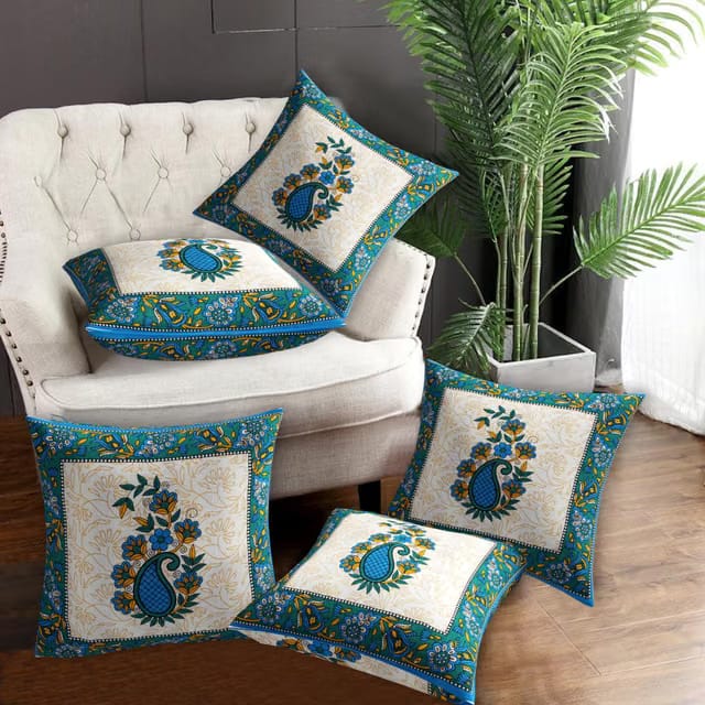 GTX Set of 5 Decorative Famous Jaipur Sanganeri Print Cotton Cushion Covers for Sofa, Bedroom,Living Room