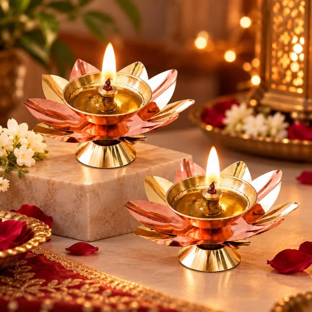 TIED RIBBONS Pack of 2 Brass Akhand Diya Deepak for Decoration - Brass Diya for Puja Oil Puja Lamp - (Golden