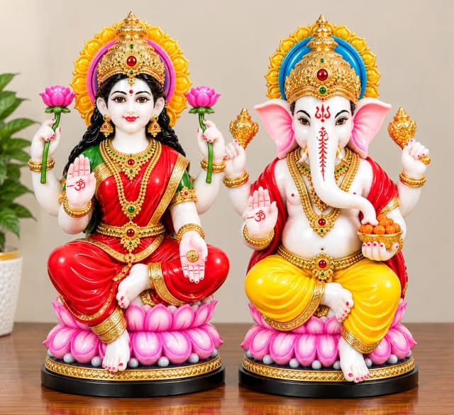MATA Lakshmi with God Ganesha Idol, Colorful Laxmi-Ganesh Murti Set for Pooja Room, Temple, Table Decoration