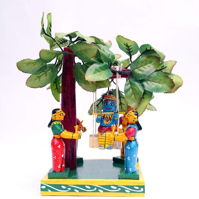 Wood HAND CRAFTS -KONDAPALLI Krishna and Four GOPIKA with JULA 6X6X9, Multicolor