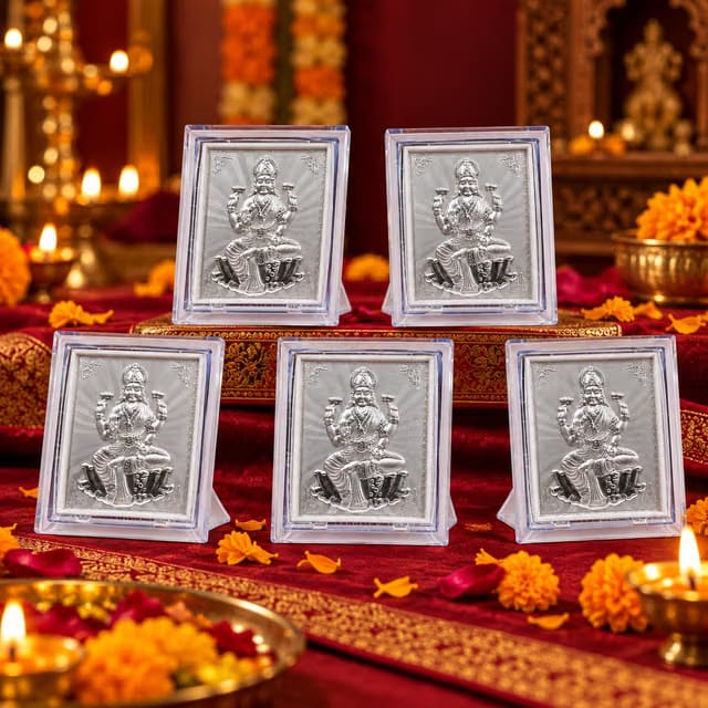 Lakshmi Pooja Return Gift Set with Stand, 999 Silver Foil Finish, Traditional Gift for Navratri, Diwali, Dhanteras