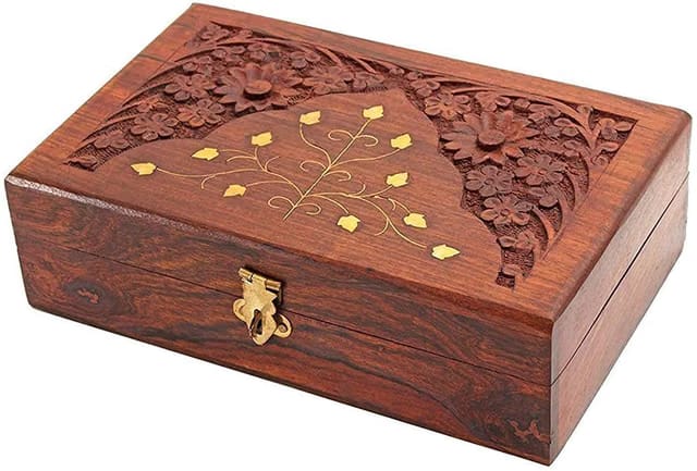 Handcrafted Wooden Jewellery Box with Floral Carving, Brass Inlay, Traditional Storage Organiser (SIze 6x4 inches)