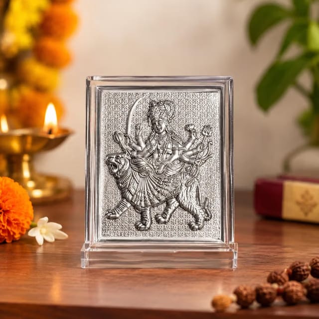 999 Silver Devi Durga Ambe Maa Photo Frame for Pooja Room, Office Desk & Car Dashboard