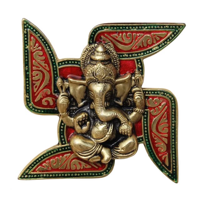 Handcrafted Metal Swastik Wall Hanging with Lord Ganesha, Decorative Meenakari Finish Auspicious Swastik for Home