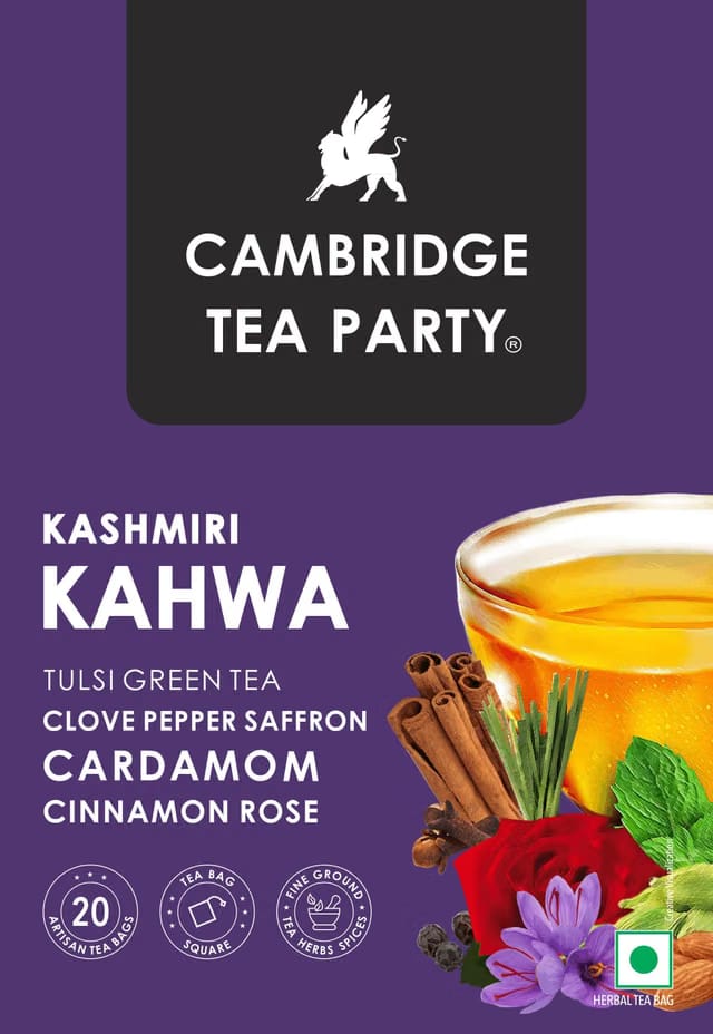 Cambridge Tea Party Kashmiri Kahwa 30 Tea Bags, Saffron Almond Cardamom Clove Pepper Cinnamon Rose Tulsi Green Tea