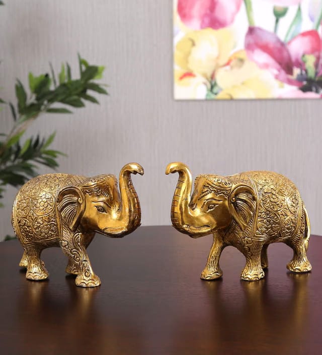 KridayKraft Metal Elephant Statue Medium Size Gold Polish 2 pcs Set for Showpiece Your Home,Office Table & Gift