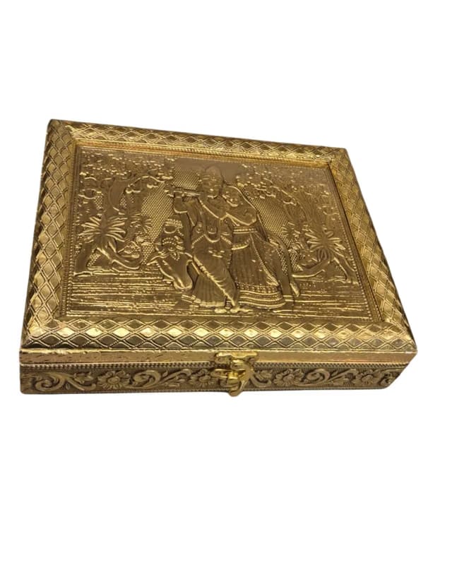 Dry Fruit Box 4 Compartment Antique Golden Mukhwas Dani with Lid Wooden Base Aluminum Foil Decorative Storage Box for