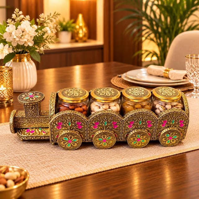 Wooden Train Shape Dry Fruit Box with 4 Empty Glass Jars