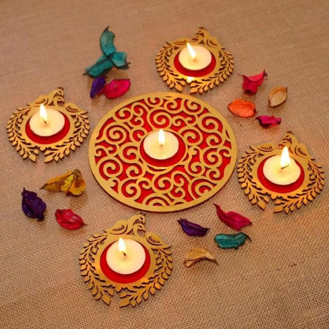 Sanvatsar Wooden Peacock Rangoli Set with Tealights, Diwali Festival Decorative Reusable Rangoli
