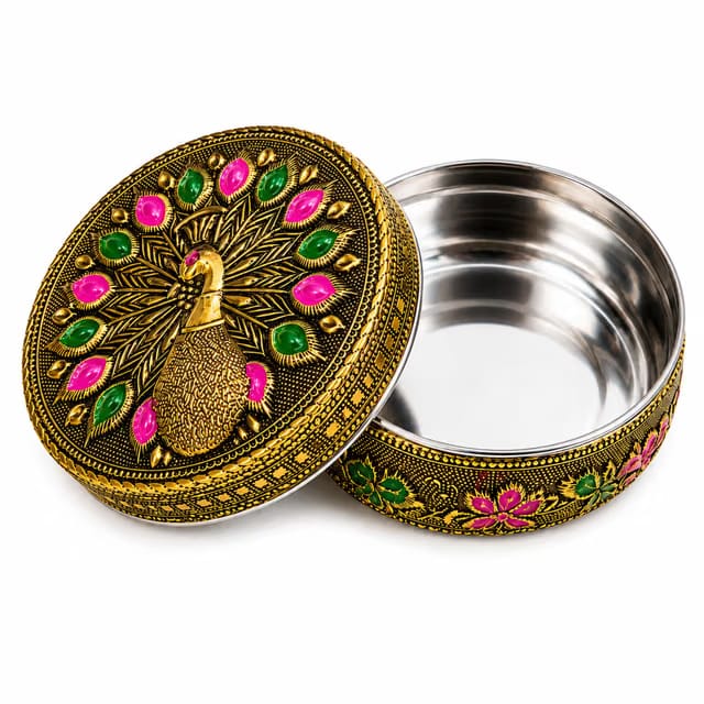 Decorative Stainless Steel Dry Fruit Box with Peacock Design Lid