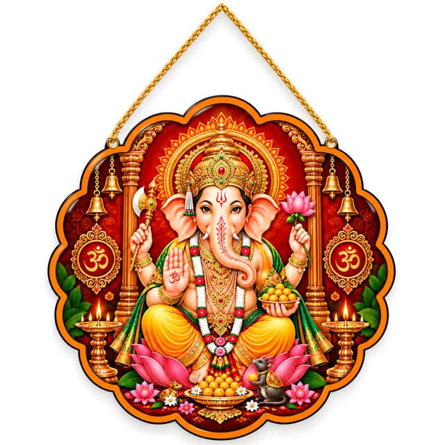 Lord Ganesha Wall Hanging 7.5 Inch MDF Om Lotus Ganpati Pooja Room Decor