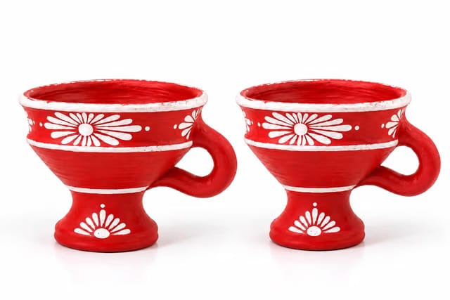 2 Pcs Decorative Terracotta Dhunuchi Set, Red Mitti Loban Burner with White Floral Design