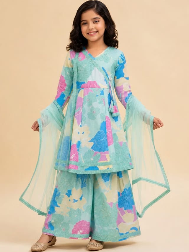Girls Aqua Floral Printed Kurta Sharara Set with Dupatta
