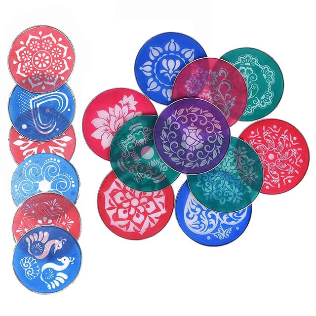 Asecnsion Round 12 Steel Designer Flower Ganesha Kalash Swastik 8inches & 4inches Rangoli Stamp Stencils for Floor