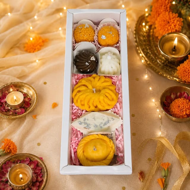Mithai Candle Gift Set of 7 Handmade Soy Wax Modak, Laddu, Kaju Katli & Imarti Decorative Scented Candles