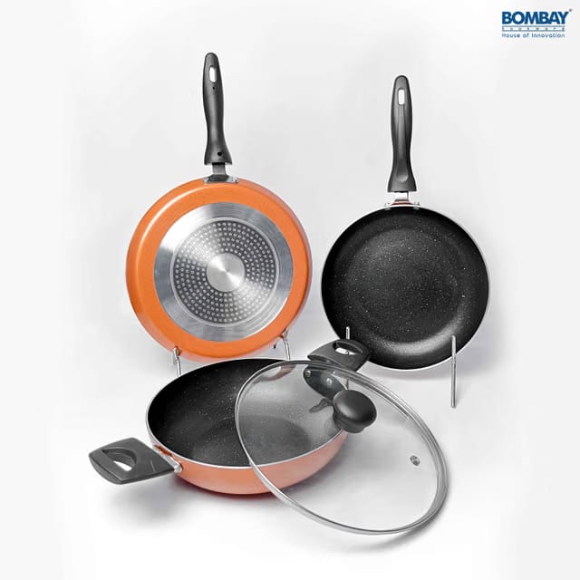 Gift Set Nonstick Dosa Tawa-25 cm, Kadai-1.8 L, Fry Pan 1 L,1 Glass Lid