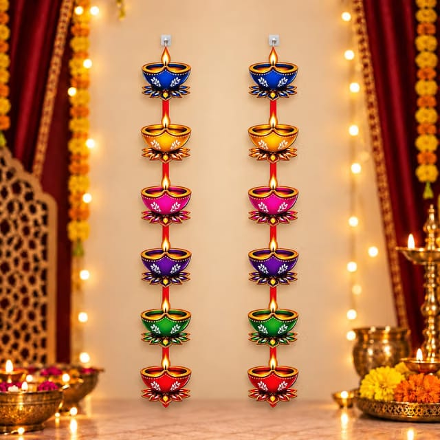 Diwali Decorative Hanging Diyas Toran – Multicolor Paper Garland for Home, Entrance, Wall, Puja Room