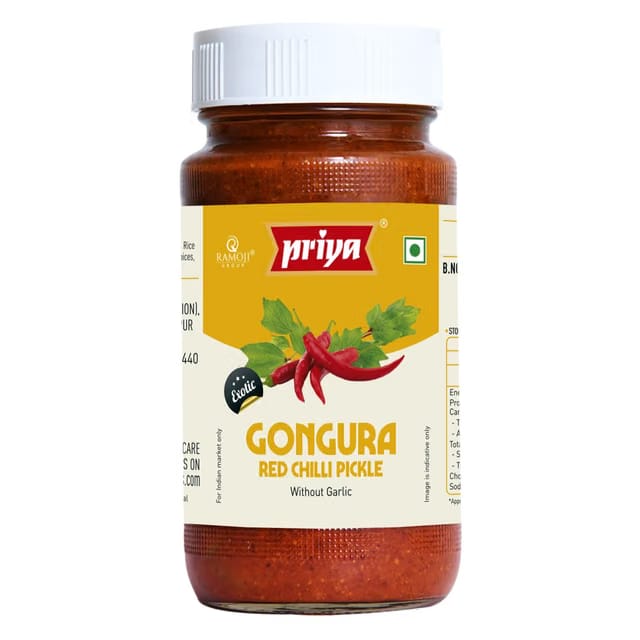 Priya Gongura Red Chilli Pickle Without Garlic, 300g - Homemade Lal Mirch Achar