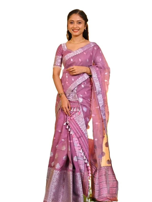 Assamese Traditional Mekhela Chador Cotton Woven Design Two Piece Outfit With Coordinated Blouse Piece Pink Free