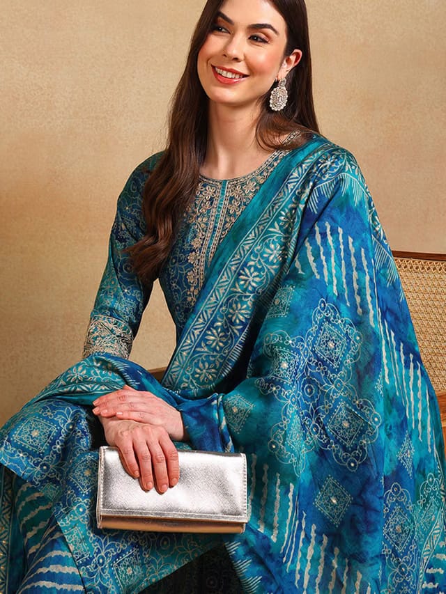 Ethnic Motifs Printed Thread Work Straight Kurta With Trouser & Dupatta