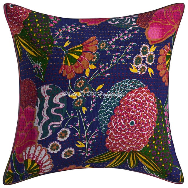 Traditional Blue Jaipuri Cushion 16 Inch X 16 Inch Kantha Cotton Tropicana 40Cm X 40Cm Pillow Cover (Ink Blue) - 1 Pc