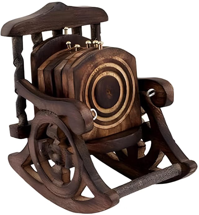 Sheesham Wood Rocking Chair Design Tea Coaster Set of 6 with Holder