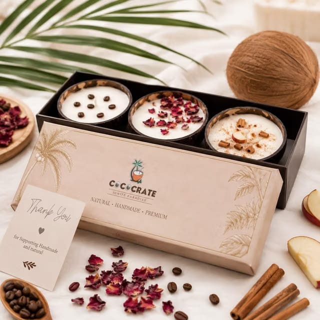 Premium Coconut Shell Scented Candles Set of 3 Natural Soy Wax Candle Gift Box Roasted Coffee Dark Rose Apple Cinnamon