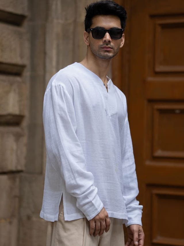 Powerlook White V-neck Pure Cotton Kurta