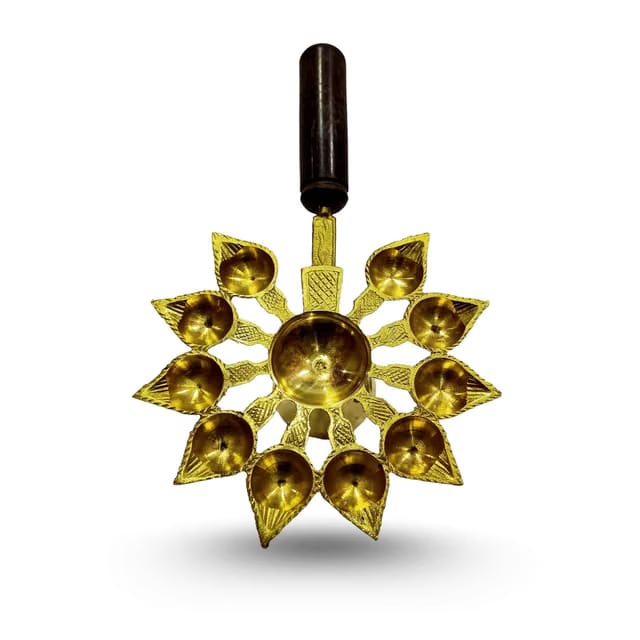 Pure Brass Aarti Diya with Wooden Handle, 10 Bati Oil Lamp for Pooja, Puja Mandir, Temple, Diwali & Navratri