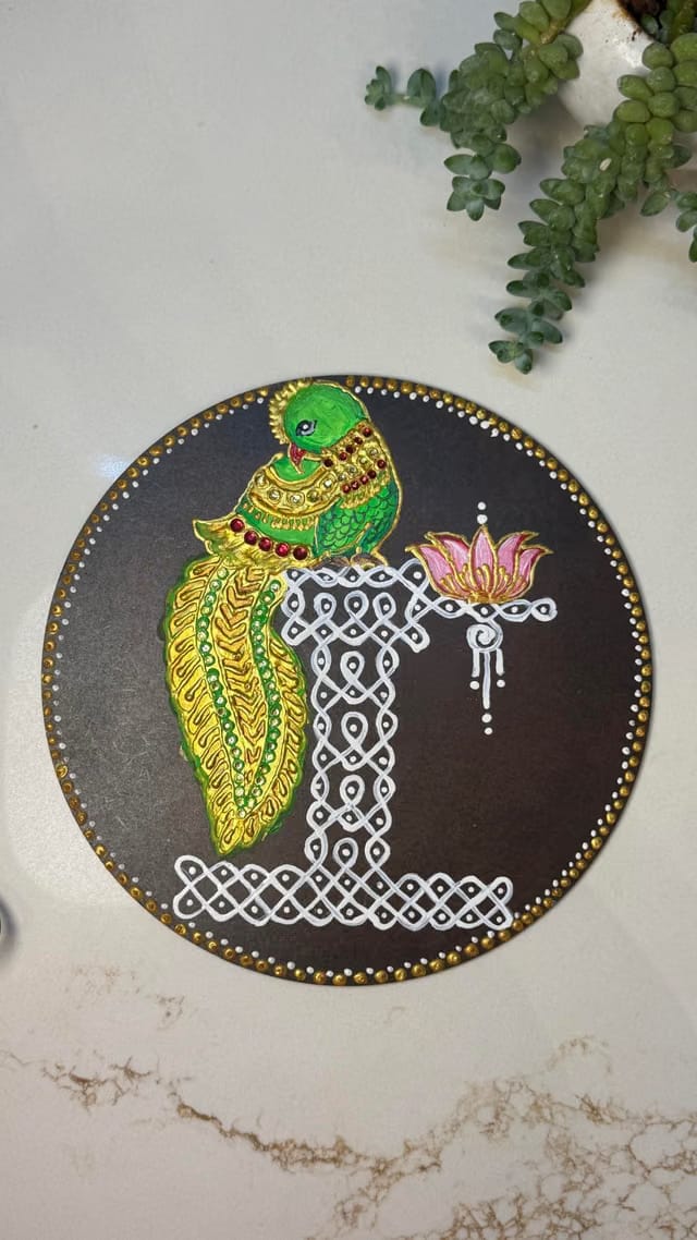 Handmade Tanjore Parrot Lotus Wall Decor Painting