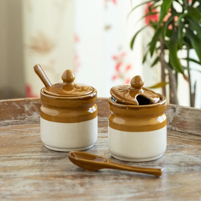 'Barni Tales' Ceramic Pickle Jars for Dining Table With Spoon (Set Of 2, Non-Airtight, 270 ml, Hand-Glazed)