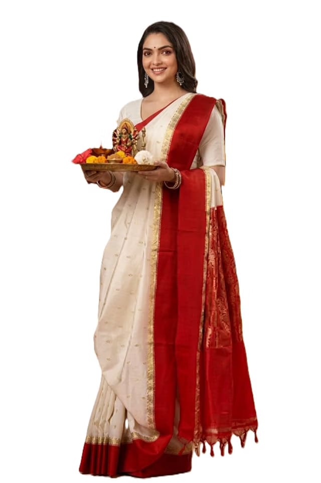 Traditional Bengali Gorod Sarees for Women Red and White Durga Puja Garad Silk Kanjivaram Goroder Lal Paar Sada Border
