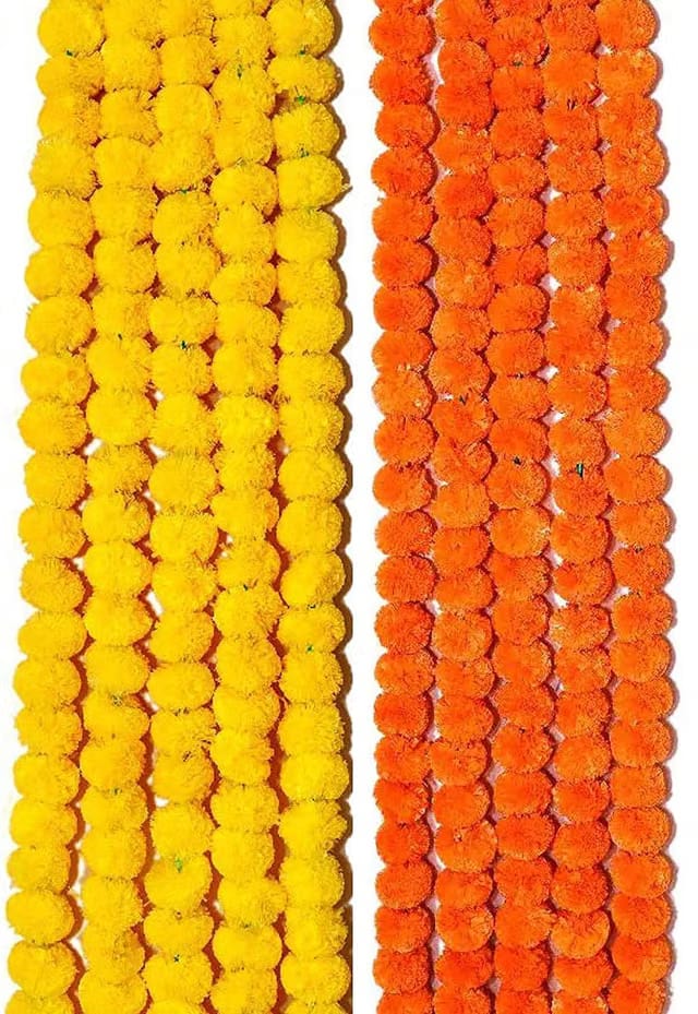 LOGRO Artificial Marigold Flowers Garlands for Decoration - Pack of 10 (5 Yellow + 5 Orange)