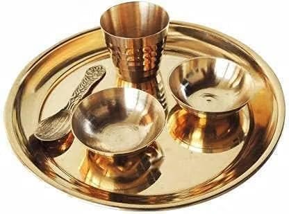 3.5 cm Laddu Gopal ji Thakur Ji Krishna Brass Pooja Thali Set/Bhog Bartan/Prasad Bartan Small Utensils Set of 5 Pcs