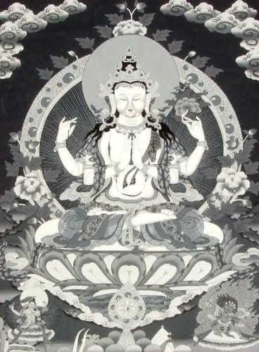 Exotic India Tibetan Buddhist Chenrezig in Black and White - Tibetan Thangka Painting
