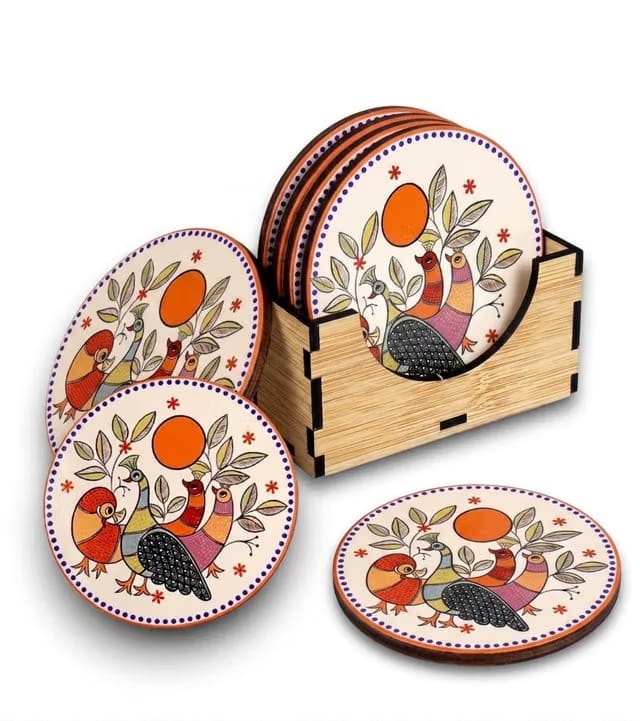 Madhubani Vibrant Peacock Wooden Coaster Set of 6 with Holder & Gift Box