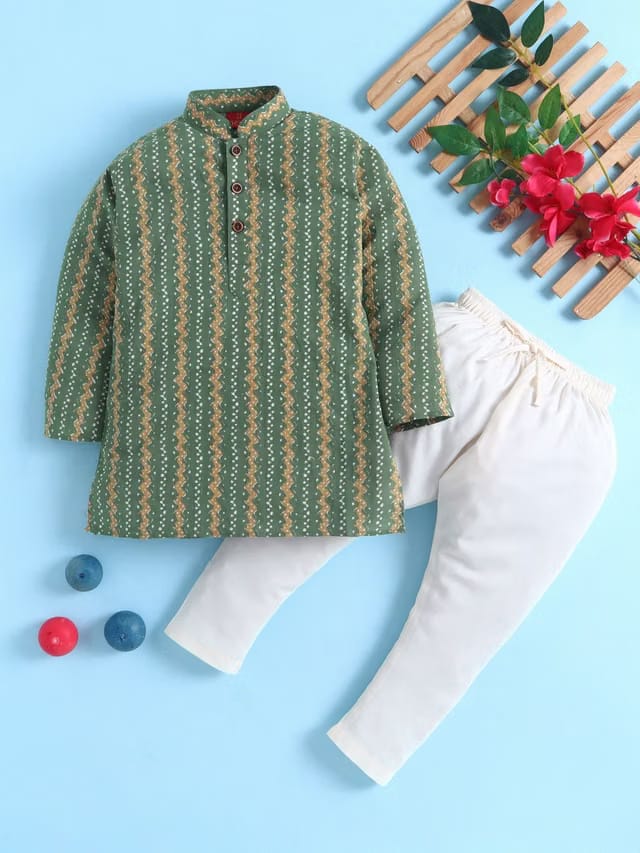 Boys Striped Cotton Blend Mandarin Collar Kurta & Pyjamas