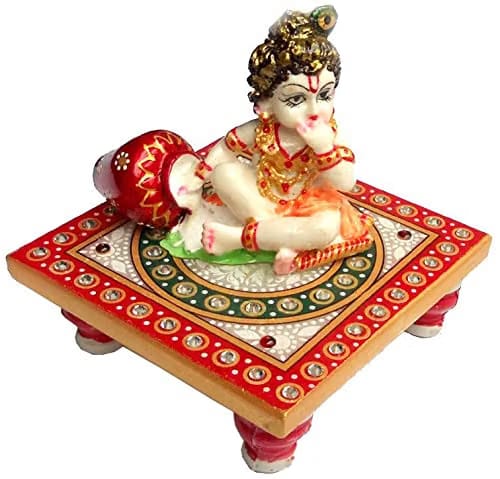 Vintage Gulley Marble Laddu Gopal Bal Gopal Statue with Chowki, Multicolor Krishna Idol for Pooja Mandir and Home Decor