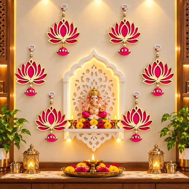Lotus Hanging for Decoration Handmade Wall Decor with Jhumki Style | Set of 6 Pink/Rani