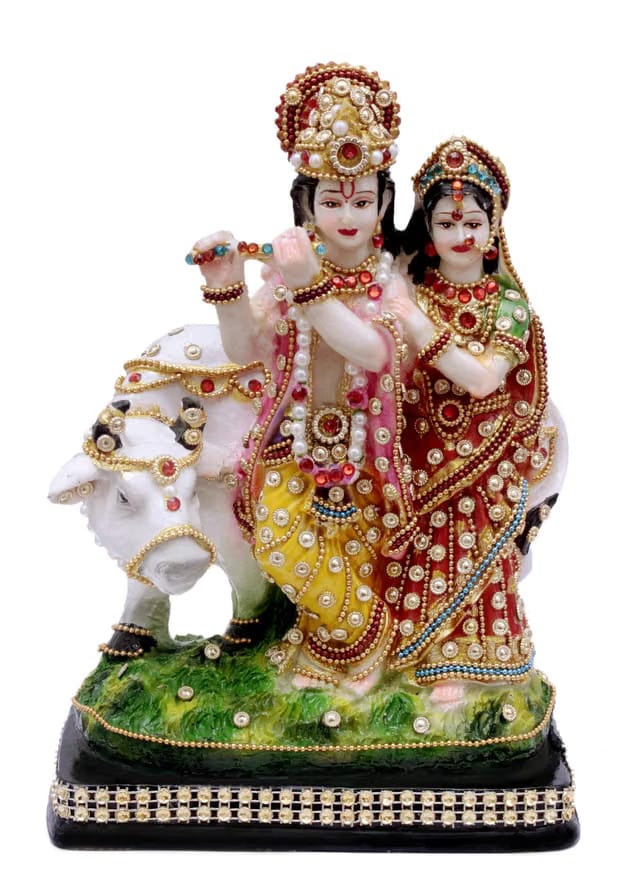 Multicolour Polyresin Radha Krishna with Cow Idol Statue for Home Mandir Pooja Room Decor 10 Inch