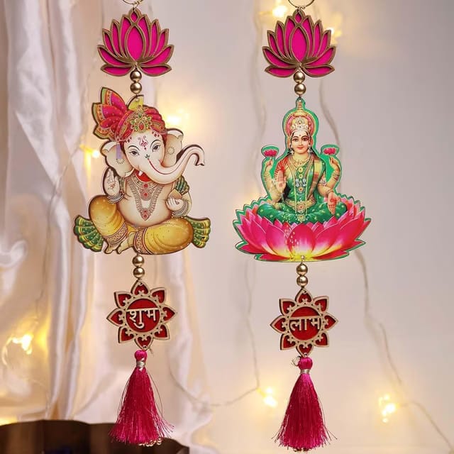 Pink Lotus Shubh Labh Lakshmi Ganesha (SL-06) Hanging for Ganapti Diwali Decoration Festival Home Wall Temple Main
